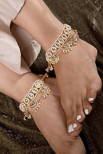 Gold Finish Kundan Polki Anklets (Set of 2)