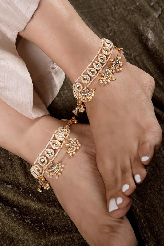 Gold Finish Kundan Polki Anklets (Set of 2)