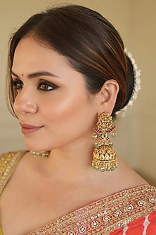 Gold Finish Kundan Polki & Turquoise Stone Temple Dangler Earrings