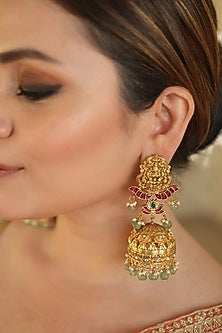 Gold Finish Kundan Polki & Turquoise Stone Temple Dangler Earrings