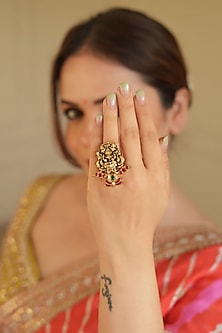 Gold Finish Kundan Polki & Ruby Stone Temple Ring