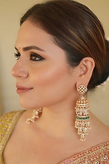 Gold Finish Zircon & Green Stone Jhumka Earrings