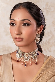 Two-Tone Finish Pearl & Multi-Colored Stone Choker Necklace Set