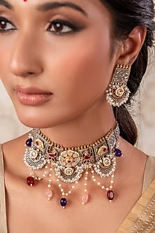 Two-Tone Finish Pearl & Multi-Colored Stone Choker Necklace Set
