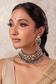 Two-Tone Finish Beaded & Ruby Stone Choker Necklace Set