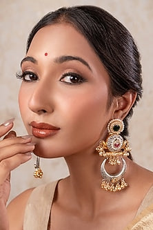 Two-Tone Finish Emerald & Red Stone Temple Chandbali Earrings