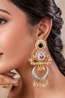 Two-Tone Finish Emerald & Red Stone Temple Chandbali Earrings