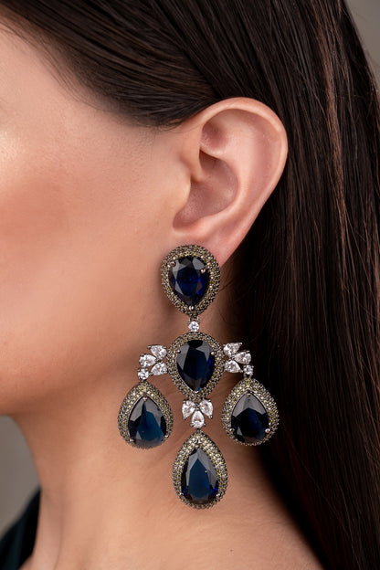 Two-Tone Finish Zircon & Blue Sapphire Stone Dangler Earrings