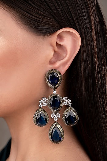 Two-Tone Finish Zircon & Blue Sapphire Stone Dangler Earrings