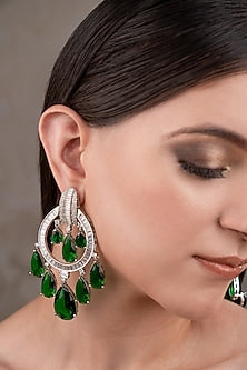 White Finish Zircon & Green Stone Dangler Earrings