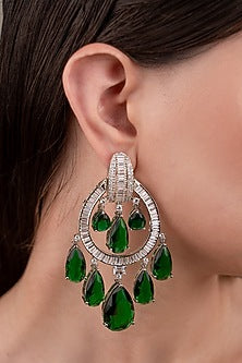 White Finish Zircon & Green Stone Dangler Earrings