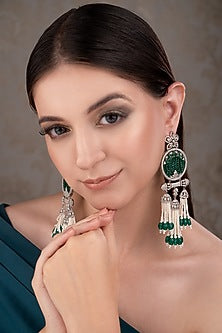 White Finish Zircon & Emerald Stone Dangler Earrings