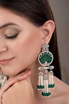 White Finish Zircon & Emerald Stone Dangler Earrings