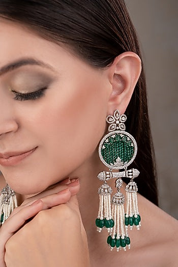 White Finish Zircon & Emerald Stone Dangler Earrings