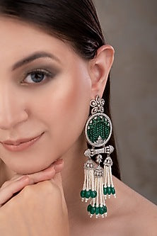 White Finish Zircon & Emerald Stone Dangler Earrings