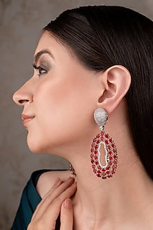 White Finish Zircon & Red Stone Dangler Earrings