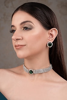 White Finish Zircon & Emerald Stone Choker Necklace Set