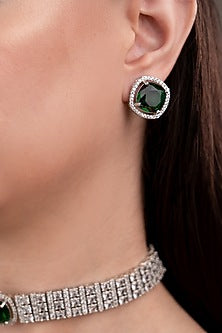 White Finish Zircon & Emerald Stone Choker Necklace Set
