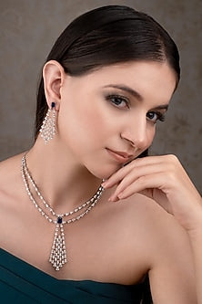 White Finish Zircon & Blue Stone Necklace Set