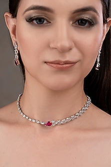 White Finish Zircon & Ruby Choker Necklace Set
