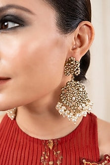 Gold Finish Kundan Polki & Pearl Chandbali Earrings
