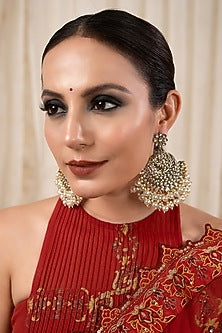 Gold Finish Kundan Polki & Pearl Chandbali Earrings