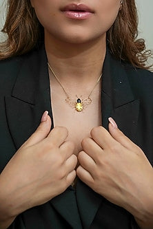 14Kt Yellow Gold Yellow Stone & Diamond Pendant Necklace