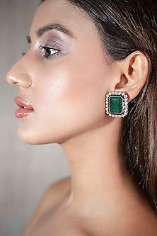 14Kt Yellow Gold Emerald & Diamond Stud Earrings