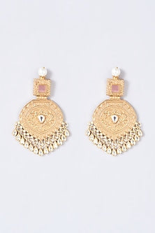 Gold Finish Kundan Polki Carved Dangler Earrings