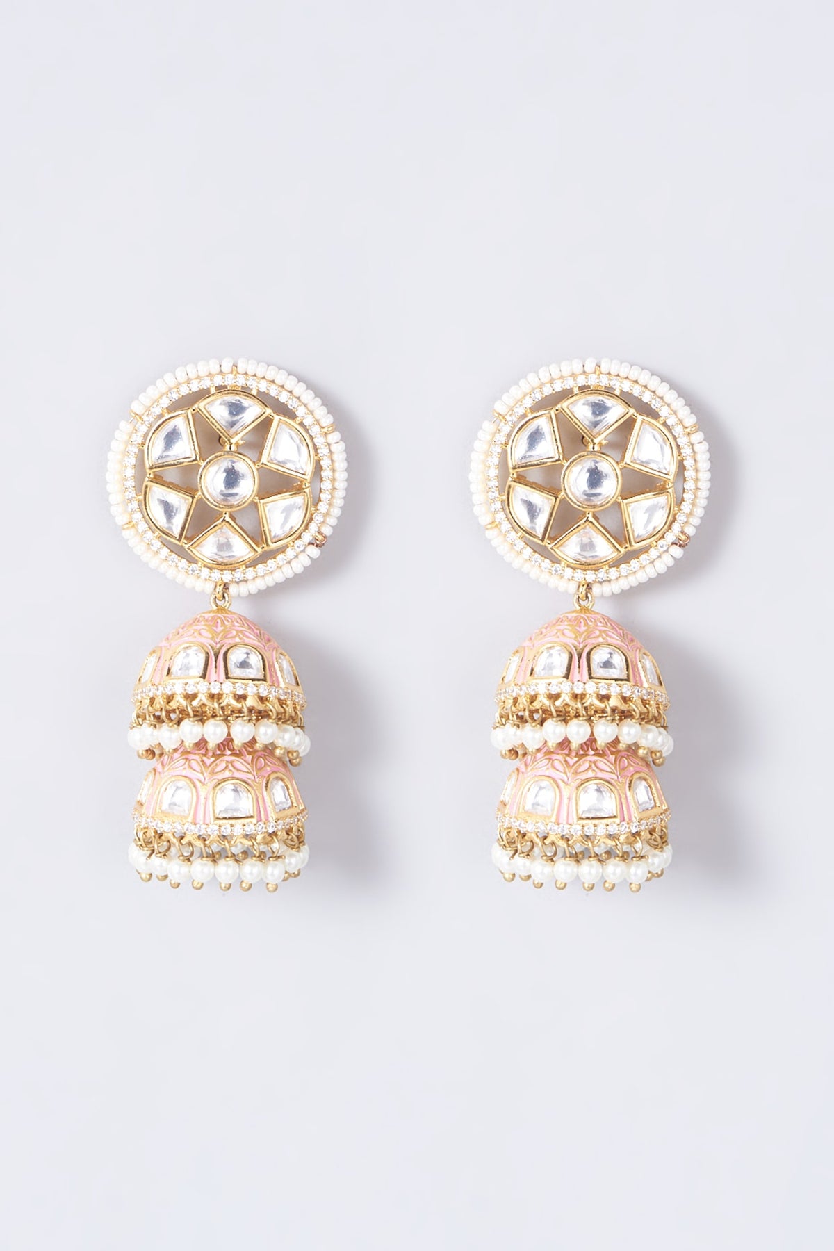 Gold Finish Pearl Tiered Jhumka Earrings