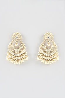 Gold Finish Kundan Polki & Pearl Chandbali Earrings