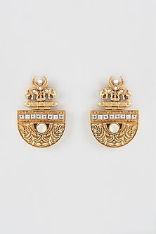 Gold Finish Kundan Polki & Mother Of Pearl Carved Chandbali Earrings