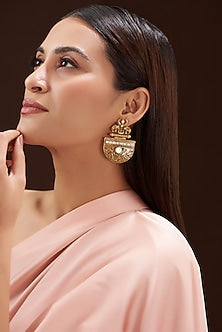 Gold Finish Kundan Polki & Mother Of Pearl Carved Chandbali Earrings