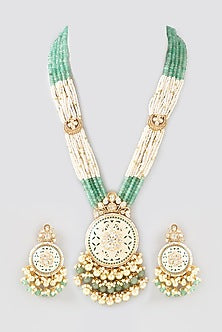 Gold Finish Kundan Polki & Green Stone Enamelled Long Necklace