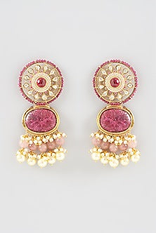 Gold Finish Kundan Polki & Pink Onyx Stone Dangler Earrings