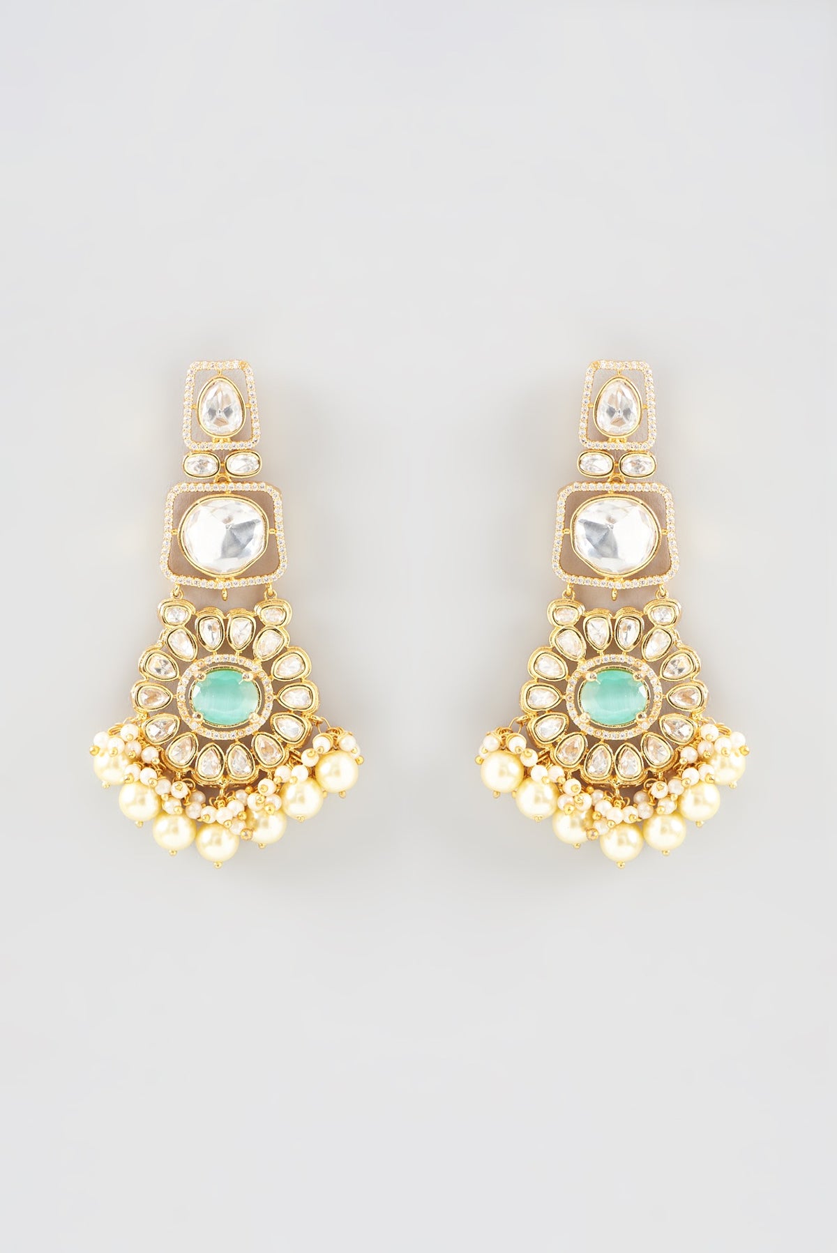 Gold Finish Kundan Polki & Aqua Stone Dangler Earrings
