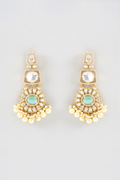Gold Finish Kundan Polki & Aqua Stone Dangler Earrings