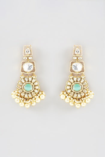 Gold Finish Kundan Polki & Aqua Stone Dangler Earrings