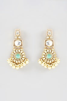 Gold Finish Kundan Polki & Aqua Stone Dangler Earrings