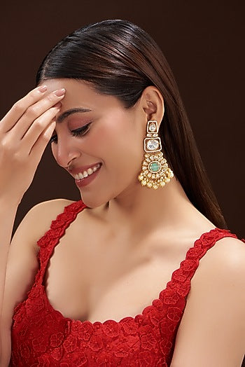 Gold Finish Kundan Polki & Aqua Stone Dangler Earrings