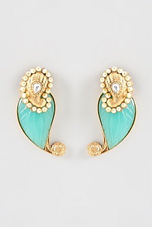 Gold Finish Kundan Polki Carved Green Stone Dangler Earrings