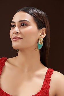 Gold Finish Kundan Polki Carved Green Stone Dangler Earrings