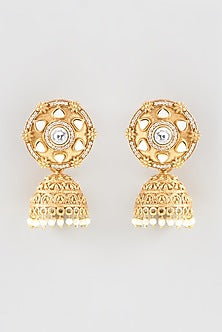 Gold Finish Kundan Polki & Mother Of Pearl Jhumka Earrings