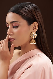 Gold Finish Kundan Polki & Mother Of Pearl Jhumka Earrings