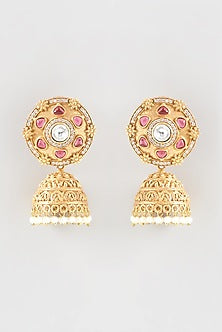 Gold Finish Kundan Polki & Ruby Stone Jhumka Earrings