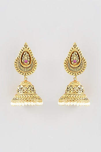 Gold Finish Temple Jhumka Earrings