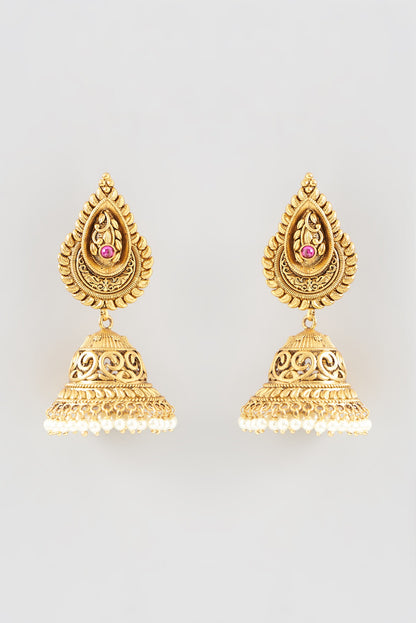 Gold Finish Temple Jhumka Earrings