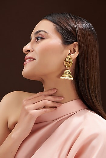 Gold Finish Temple Jhumka Earrings