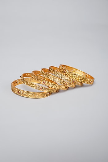 Gold Plated Carved Bangles (Set of 6)
