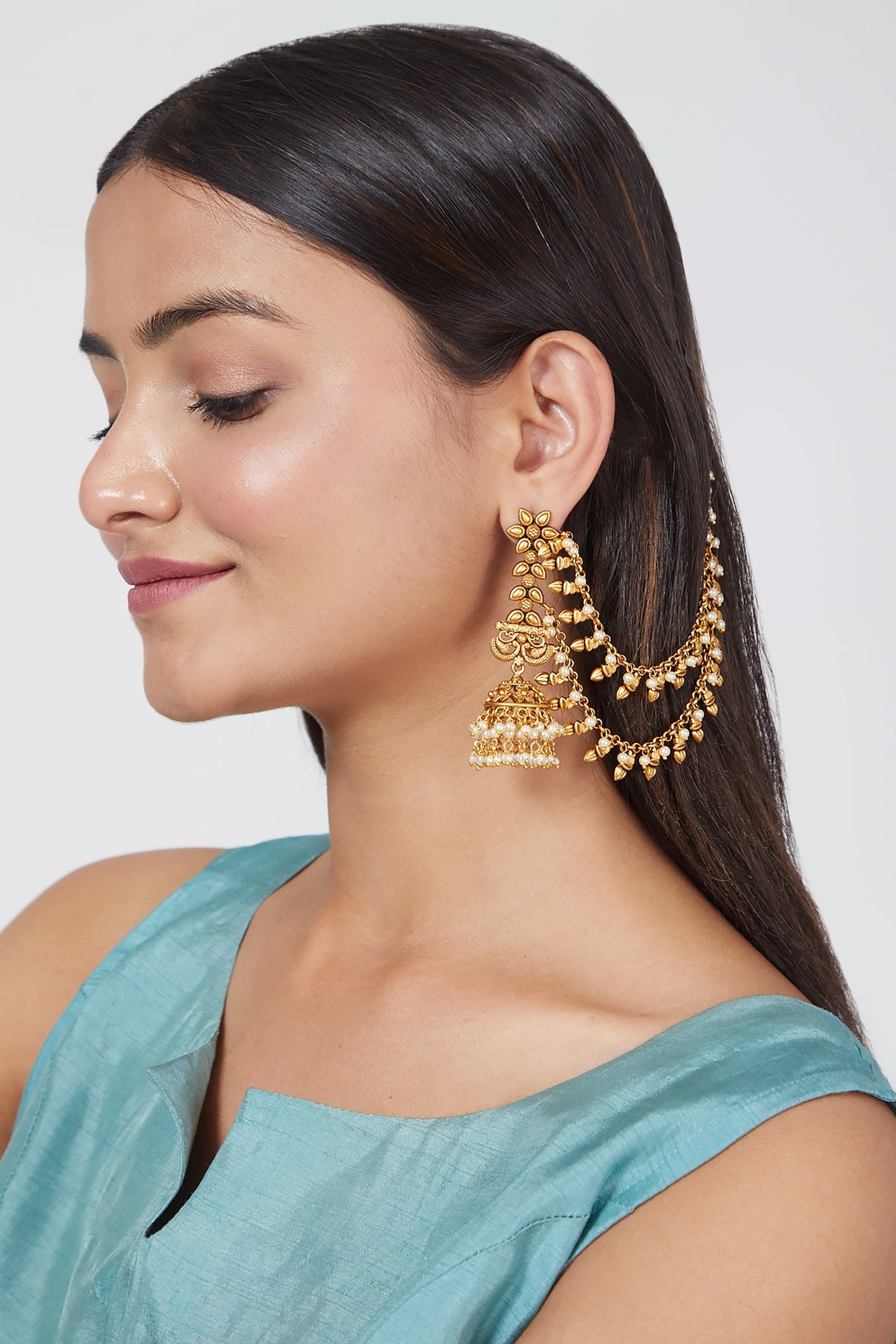 Gold Plated Dangler Earrings With Side Chains
